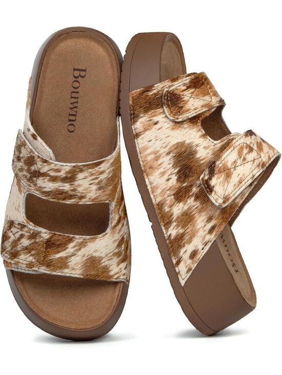 Shoes - Womens Brown Cowprint Genuine Leather Slip on Slide Buckle Platform Sandal Shoes